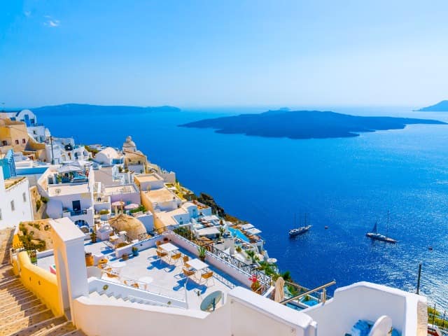 Vista mar vulcão Fira, Ilha Santorini, Grécia Vista mar vulcão Fira, Ilha Santorini, Grécia